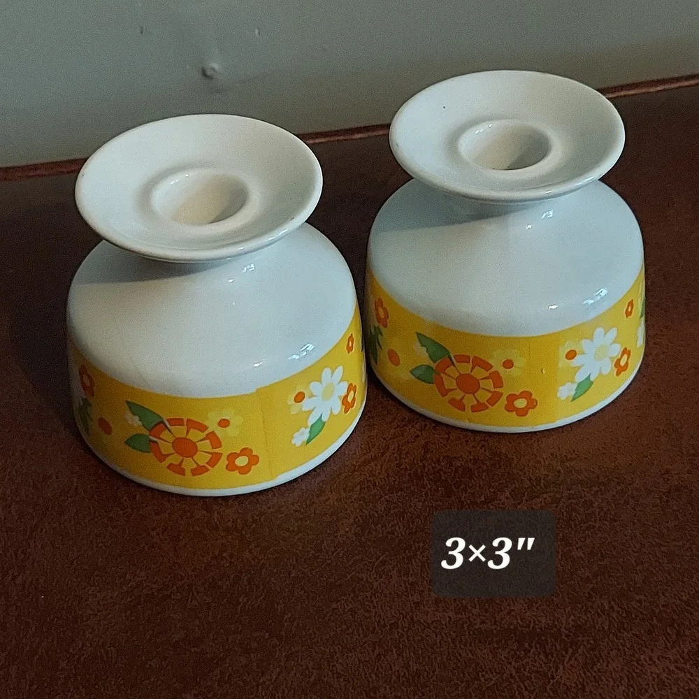 Vintage 70s Floral Ceramic Taper Candle Holder Set Yellow Orange Flower Power 3